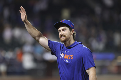 New York Mets pitcher Nolan McLean reacts after defeating the Philadelphia Phillies during a baseball game, Wednesday, Aug. 27, 2025, in New York. (AP Photo/Pamela Smith)