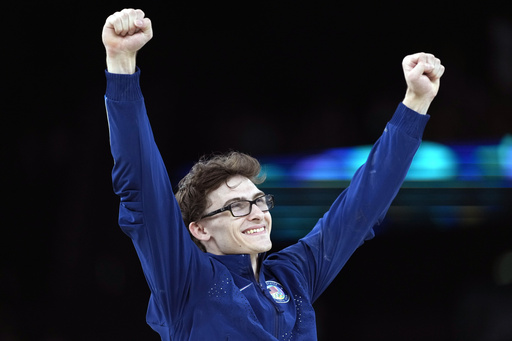 FILE - Stephen Nedoroscik, of the United States, celebrates after winning the bronze medal during the men's artistic gymnastics individual pommel finals at Bercy Arena at the 2024 Summer Olympics, Aug. 3, 2024, in Paris, France. (AP Photo/Francisco Seco, File)