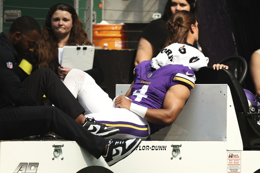 Minnesota Vikings wide receiver Rondale Moore (4) leaves the field after an injury during the first half of an NFL preseason football game against the Houston Texans, Saturday, Aug. 9, 2025, in Minneapolis. (AP Photo/Matt Krohn)