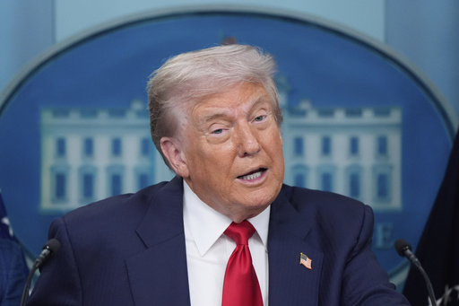 President Donald Trump speaks with reporters in the James Brady Press Briefing Room at the White House, Monday, Aug. 11, 2025, in Washington. (AP Photo/Alex Brandon)
