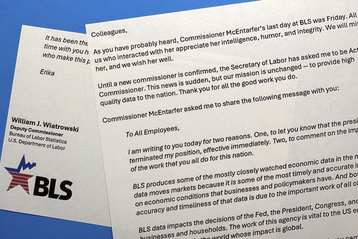Part of an email to Bureau of Labor Statistics employees from William Wiatrowski, obtained by The Associated Press, is photographed Tuesday, Aug. 12, 2025. (AP Photo/Jon Elswick)