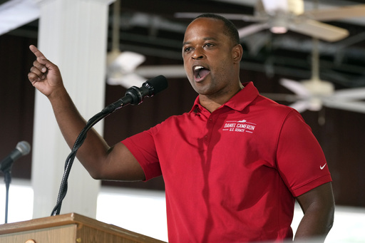 Former Kentucky attorney general Daniel Cameron speaks at the annual Fancy Farm picnic Saturday, Aug. 2, 2025, in Fancy Farm, Ky. (AP Photo/Mark Humphrey)