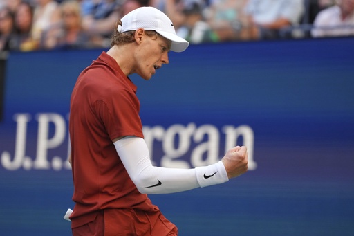 Jannik Sinner, of Italy, reacts to a shot against Denis Shapovalov, of Canada, during the third round of the U.S. Open tennis championships, Saturday, Aug. 30, 2025, in New York. (AP Photo/Kirsty Wigglesworth)