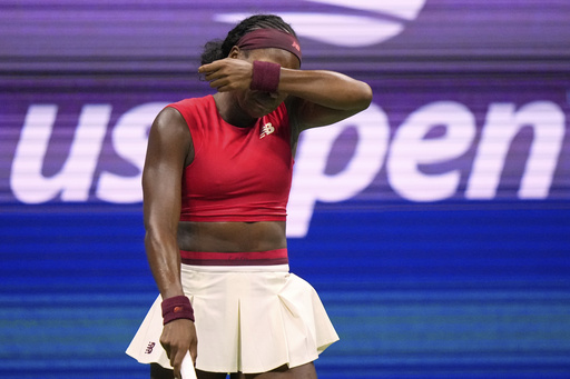 Coco Gauff, of the United States, appears to cry after winning the first set over Donna Vekic, of Croatia, during the second round of the U.S. Open tennis championships, Thursday, Aug. 28, 2025, in New York. (AP Photo/Frank Franklin II)