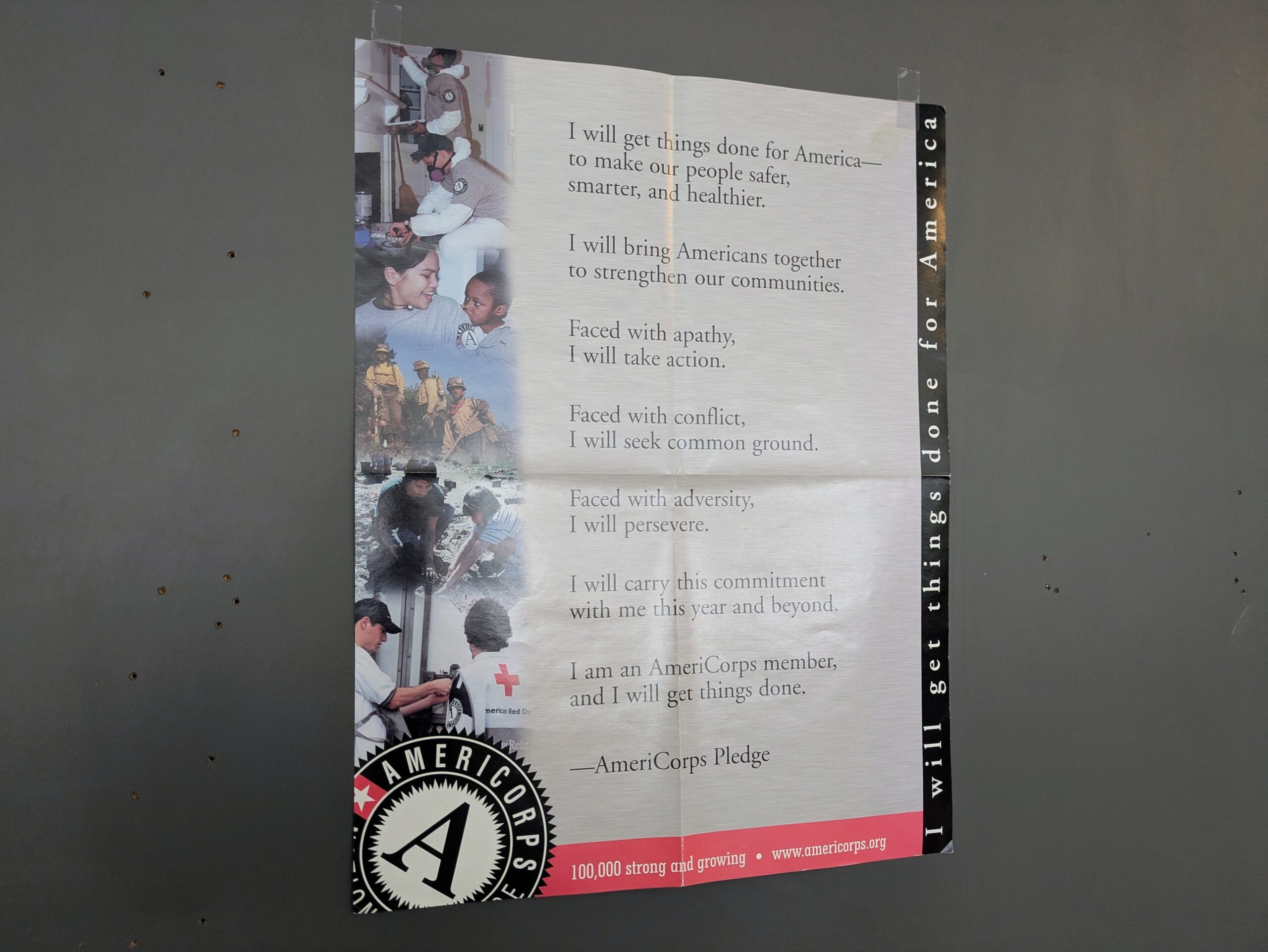 The AmeriCorps pledge hangs at Project Change at Sligo Middle School in Silver Spring, Maryland, on Monday, Aug. 11, 2025. (Photo by Ashley Murray/States Newsroom)