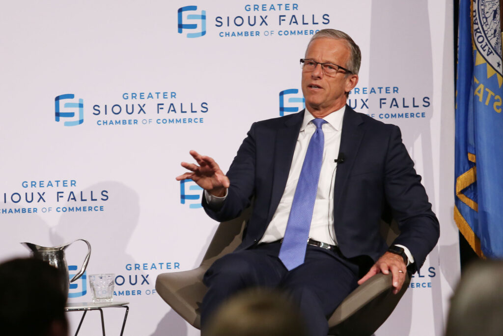 U.S. Senate Majority Leader John Thune, R-South Dakota, speaks at a Greater Sioux Falls Chamber of Commerce Inside Washington luncheon on Aug. 12, 2025. (Makenzie Huber/South Dakota Searchlight)