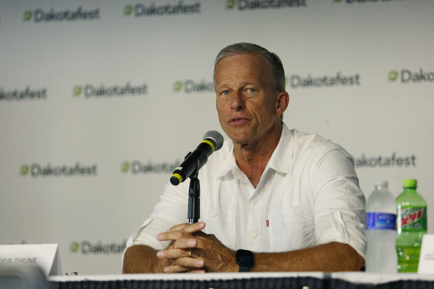 Senate Majority Leader John Thune speaks at Dakotafest in Mitchell on Aug. 20, 2025. (Makenzie Huber/South Dakota Searchlight)