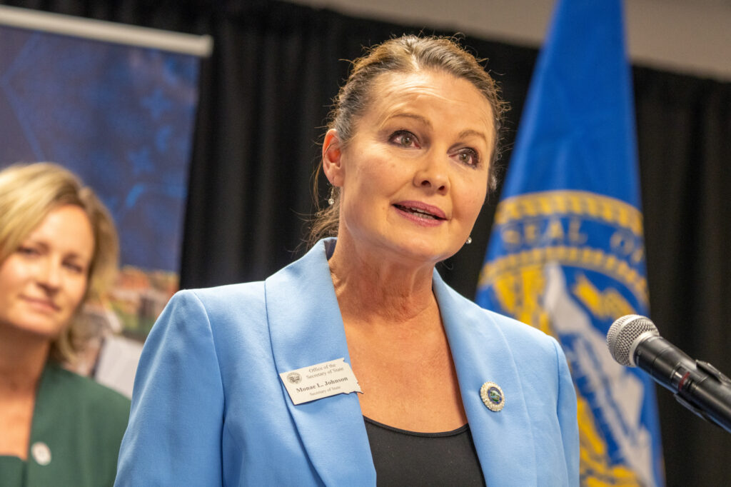 South Dakota Secretary of State Monae Johnson speaks during a press conference about election security and integrity on Oct. 9, 2024, at the University of Nebraska at Omaha. (Zach Wendling/Nebraska Examiner)