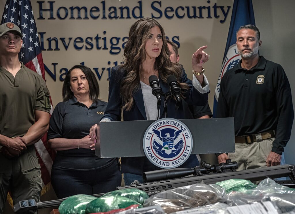 Department of Homeland Security Secretary Kristi Noem at a Nashville press conference on July 18, 2025.  An appeals court on Aug. 21, 2025, said it will allow Noem and the Trump administration, for now, to move forward with ending temporary protections for 60,000 immigrants from Honduras, Nepal and Nicaragua. (Photo by John Partipilo/Tennessee Lookout)