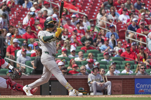 Athletics' JJ Bleday follows through on a two-run home run during the fourth inning of a baseball game against the St. Louis Cardinals Monday, Sept. 1, 2025, in St. Louis. (AP Photo/Jeff Roberson)