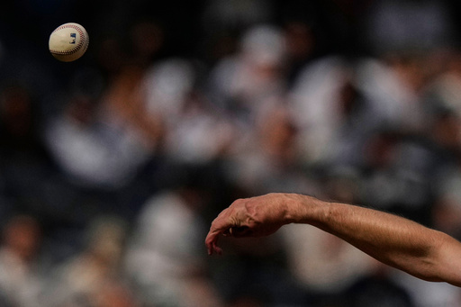 New York Yankees' Cam Schlittler pitches during the fifth inning of a baseball game against the Baltimore Orioles Saturday, Sept. 27, 2025, in New York. (AP Photo/Frank Franklin II)
