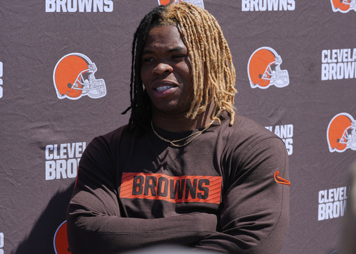 FILE - Cleveland Browns running back Quinshon Judkins speaks during a news conference at the NFL football team's rookie minicamp in Berea, Ohio, Friday, May 9, 2025. (AP Photo/Sue Ogrocki,File)
