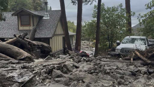 This photo provided by the San Bernardino County Fire Department shows damage caused by mudslides after storms in Forest Falls, Calif., on Thursday Sept. 18, 2025. (San Bernardino County Fire Department via AP)