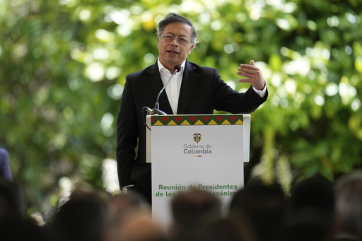 Colombia's President Gustavo Petro speaks during a meeting of leaders of the Amazon Cooperation Treaty Organization in Bogota, Colombia, Friday, Aug. 22, 2025. (AP Photo/Fernando Vergara)