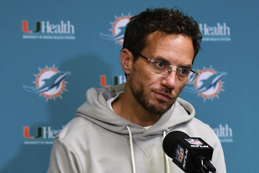 Miami Dolphins head coach Mike McDaniel speaks to reporters after an NFL football game against the Buffalo Bills, Thursday, Sept. 18, 2025, in Orchard Park, N.Y. (AP Photo/Adrian Kraus)