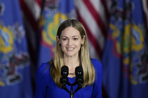 FILE - Scranton Mayor Paige Cognetti speaks during a President Joe Biden campaign event in Scranton, Pa., April 16, 2024. (AP Photo/Matt Rourke, File)