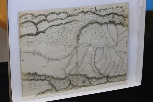 A centuries-old map is displayed at a ceremony marking its return to Mexico's national archives in Albuquerque, New Mexico, on Tuesday, Sept. 23, 2025. (AP Photo/Susan Montoya Bryan)