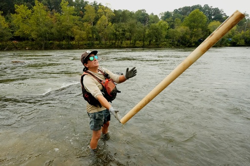 Leslie Beninato, river cleanup logistics manager of MountainTrue, removes a PVC pipe from the French Broad River on Wednesday, Sept. 17, 2025, in Asheville, N.C. (AP Photo/Chris Carlson)