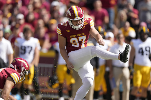 Iowa State place kicker Kyle Konrardy (97) kicks a field goal during the first half of an NCAA college football game against Iowa, Saturday, Sept. 6, 2025, in Ames, Iowa. (AP Photo/Charlie Neibergall)