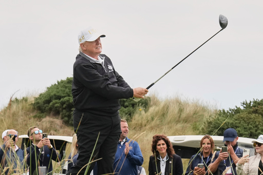 FILE - President Donald Trump tees off during the opening ceremony for the Trump International Golf Links golf course, near Aberdeen, Scotland, July 29, 2025. (AP Photo/Jacquelyn Martin, File)