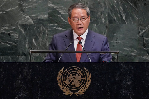 China Premier Li Qiang addresses the 80th session of the United Nations General Assembly, Friday, Sept. 26, 2025. (AP Photo/Richard Drew)