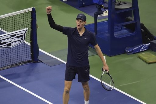 Jannik Sinner, of Italy, reacts after defeating Felix Auger-Aliassime, of Canada, during the men's singles semifinals of the U.S. Open tennis championships, Friday, Sept. 5, 2025, in New York. (AP Photo/Seth Wenig)