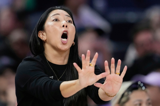 Golden State Valkyries head coach Natalie Nakase gestures during the second half of a WNBA basketball game against the Indiana Fever, Sunday, Aug. 31, 2025, in San Francisco. (AP Photo/Godofredo A. Vásquez)