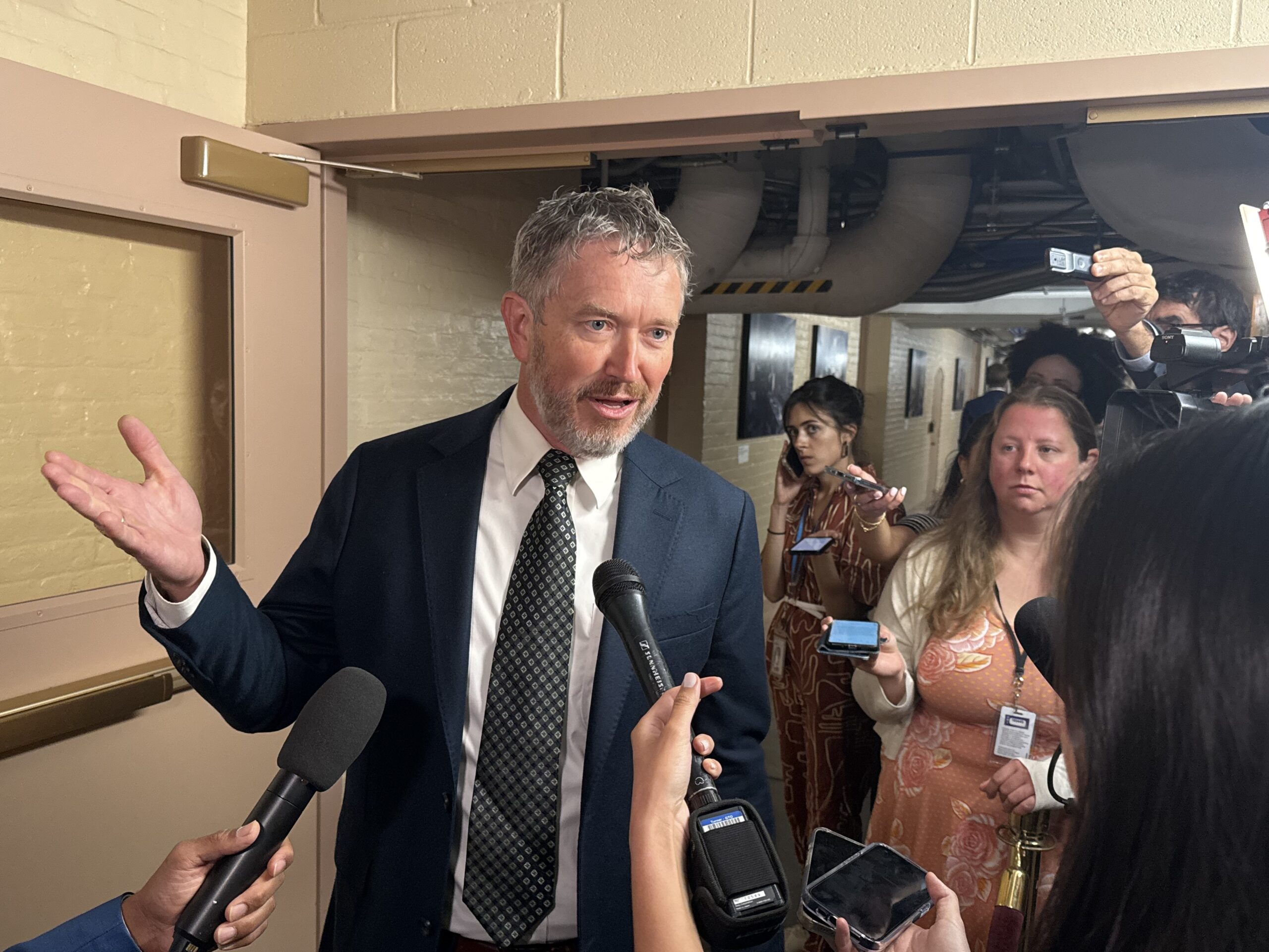 Kentucky Rep. Thomas Massie speaks with reporters inside the U.S. Capitol building on Wednesday, Sept. 3, 2025. (Photo by Jennifer Shutt/States Newsroom)