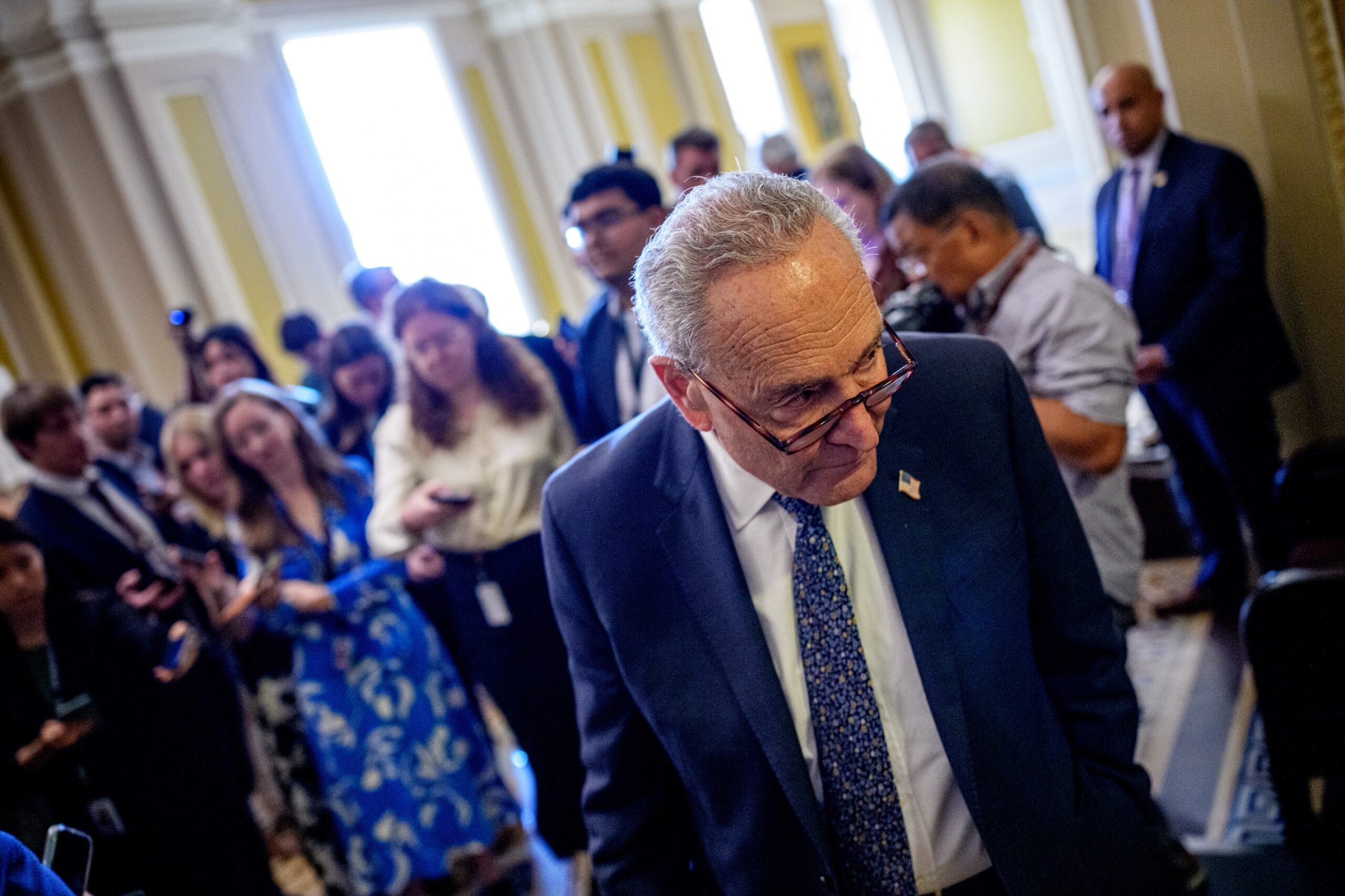 Senate Minority Leader Chuck Schumer, D-N.Y., walks back onto the Senate floor after speaking to reporters at the U.S. Capitol Building on June 30, 2025 in Washington, DC. (Photo by Andrew Harnik/Getty Images)