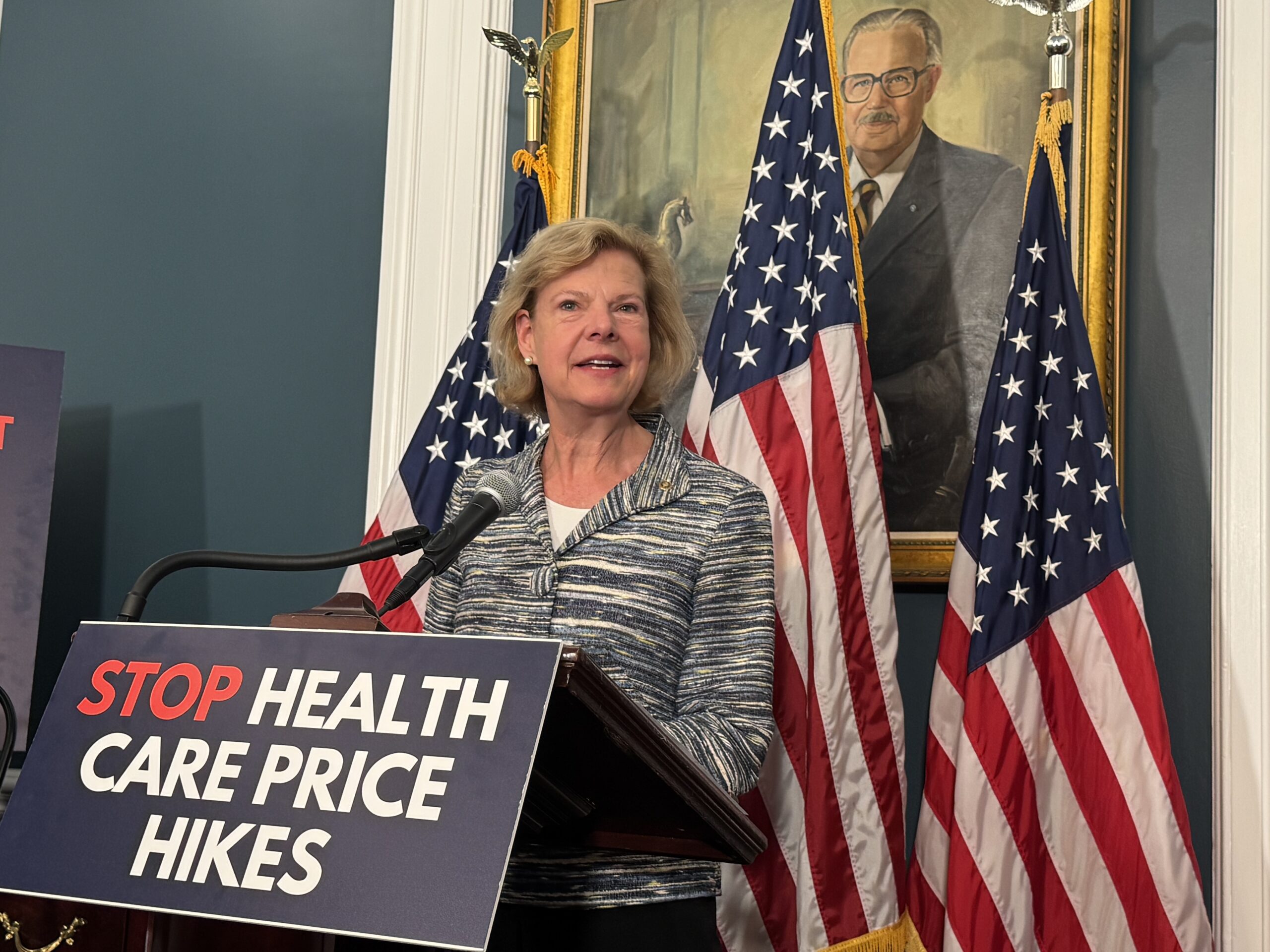 U.S. Sen. Tammy Baldwin, a Wisconsin Democrat, speaks at a press conference advocating an extension of enhanced health care tax credits on Sept. 16, 2025, at the U.S. Capitol in Washington, D.C. (Photo by Shauneen Miranda/States Newsroom)