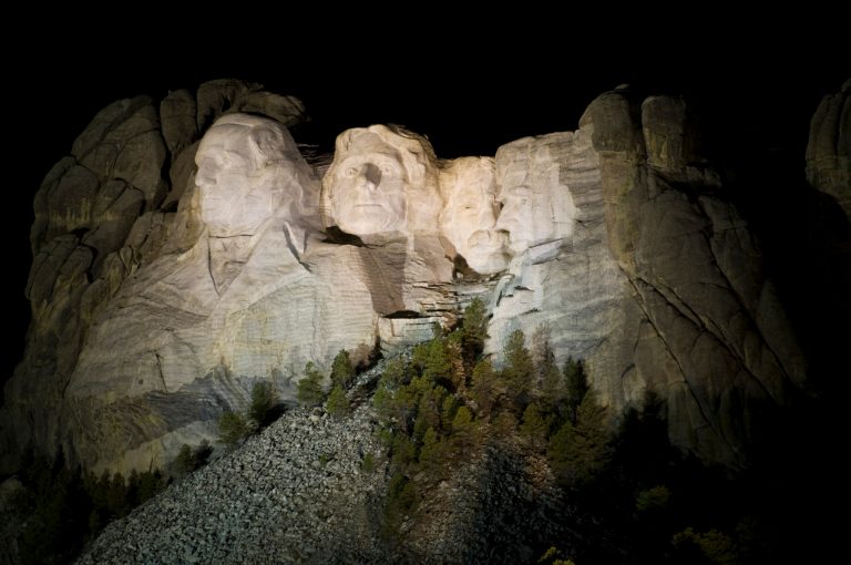 South Dakota. Black Hills. Mount Rushmore National Monument at night.