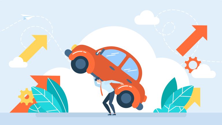 Car maintenance costs. A man holds a car on his back. High price for auto fuel concept. Economy, refueling, city transport concept. A heavy burden. Financial expenses. Flat vector illustration