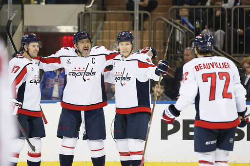 Washington Capitals players react after a goal by Anthony Beauvillier (72) during the second period of an NHL hockey game against the New York Rangers, Sunday, Oct. 12, 2025, in New York. (AP Photo/Heather Khalifa)