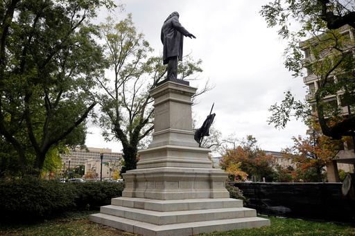 A statue of Confederate general Albert Pike has been reinstalled in a park near the headquarters of the Department of Labor, Tuesday, Oct. 28, 2025, in Washington. (AP Photo/Rahmat Gul)
