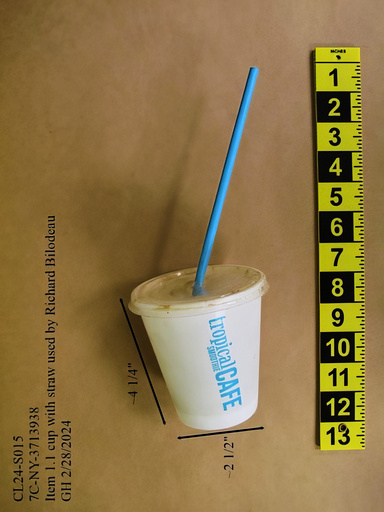 This image, provided by the Nassau County District Attorney, in Mineola, N.Y., Wednesday, Oct 15, 2025, shows a cup with straw used by Richard Bilodeau. (Nassau County District Attorney via AP)