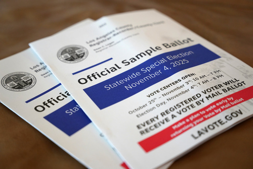 A sample ballot is pictured before early voting starts in California's statewide special election, Friday, Oct. 3, 2025, in Los Angeles. (AP Photo/Paula Ulichney-Munoz)