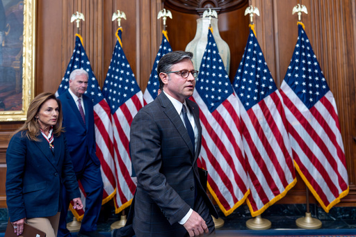 Speaker of the House Mike Johnson, R-La., center, joined from left by Rep. Lisa McClain, R-Mich., chair of the House Republican Conference, and House Majority Whip Tom Emmer, R-Minn., wrap up a news conference on day 23 of the government shutdown, at the Capitol in Washington, Thursday, Oct. 23, 2025. (AP Photo/J. Scott Applewhite)