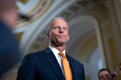Senate Majority Leader John Thune, R-S.D., speaks with reporters following a closed-door meeting of Senate Republicans on day 28 of the government shutdown, at the Capitol in Washington, Tuesday, Oct. 28, 2025. (AP Photo/J. Scott Applewhite)