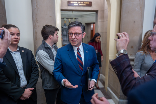 Speaker of the House Mike Johnson, R-La., talks to reporters outside his office on day 28 of the government shutdown, at the Capitol in Washington, Tuesday, Oct. 28, 2025. (AP Photo/J. Scott Applewhite)