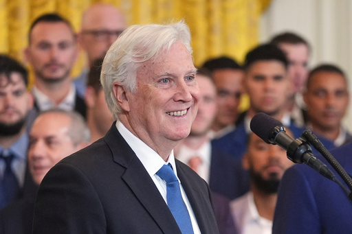 FILE - Los Angeles Dodgers owner and chairman Mark Walter speaks during a ceremony to honor the Major League Baseball 2024 World Series Champion team in the East Room of the White House, Monday, April 7, 2025, in Washington. (AP Photo/Evan Vucci, File)