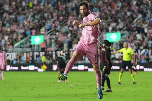 Inter Miami forward Lionel Messi reacts after scoring a goal during the first half of an MLS soccer match against Atlanta United, Saturday, Oct. 11, 2025, in Fort Lauderdale, Fla. (AP Photo/Lynne Sladky)