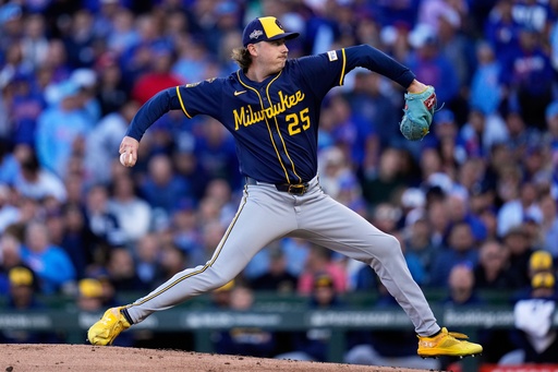 Milwaukee Brewers' Nick Mears throws during the first inning of Game 3 of baseball's National League Division Series against the Chicago Cubs Wednesday, Oct. 8, 2025, in Chicago. (AP Photo/Erin Hooley)