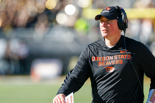 Oregon State head coach Trent Bray watches as his team plays against Appalachian State during the first half of an NCAA college football game in Boone, N.C., Saturday, Oct. 4, 2025. (AP Photo/Nell Redmond)