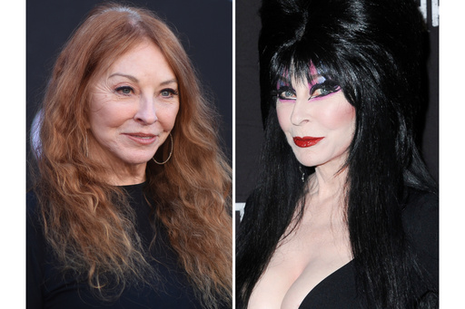 This combination of photos shows Cassandra Peterson at the Los Angeles premiere of "The First Omen" on March 26, 2024, left, and Peterson, dressed as Elvira, at the 2016 Knott's Scary Farm Black Carpet Event in Buena Park, Calif., on Sept. 30, 2016. (Photos by Richard Shotwell/Invision/AP)