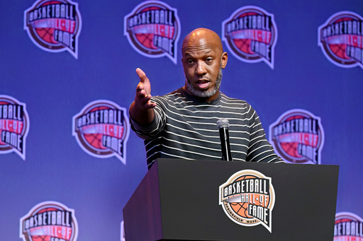 FILE - Basketball Hall of Fame Class of 2024 inductee Chauncey Billups speaks at a hall of fame news conference at Mohegan Sun, Oct. 12, 2024, in Uncasville, Conn. (AP Photo/Jessica Hill, file)