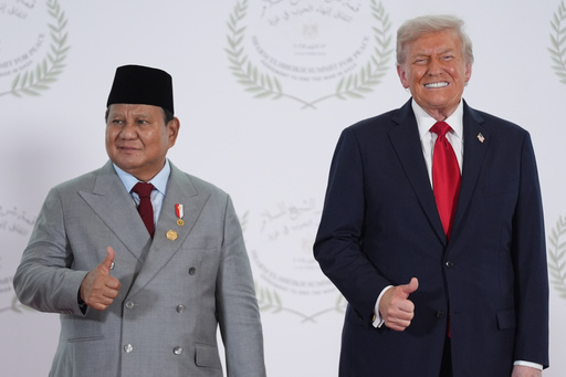 President Donald Trump greets Indonesia's President Prabowo Subianto during a summit to support ending the more than two-year Israel-Hamas war in Gaza after a breakthrough ceasefire deal, Monday, Oct. 13, 2025, in Sharm El Sheikh, Egypt. (AP Photo/Evan Vucci, Pool)