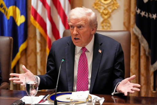 President Donald Trump speaks before a lunch with Ukraine's President Volodymyr Zelenskyy in the Cabinet Room of the White House, Friday, Oct. 17, 2025, in Washington. (AP Photo/Alex Brandon)