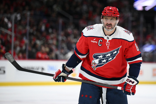 Washington Capitals left wing Alex Ovechkin looks on during the first period of an NHL hockey game against the Minnesota Wild, Friday, Oct. 17, 2025, in Washington. (AP Photo/Nick Wass)