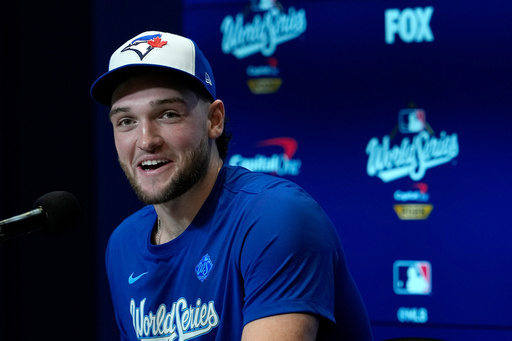 Toronto Blue Jays pitcher Trey Yesavage speaks during a World Series baseball media day, Thursday, Oct. 23, 2025, in Toronto. The Toronto Blue Jays face the Los Angeles Dodgers in Game 1 on Friday. (AP Photo/David J. Phillip)