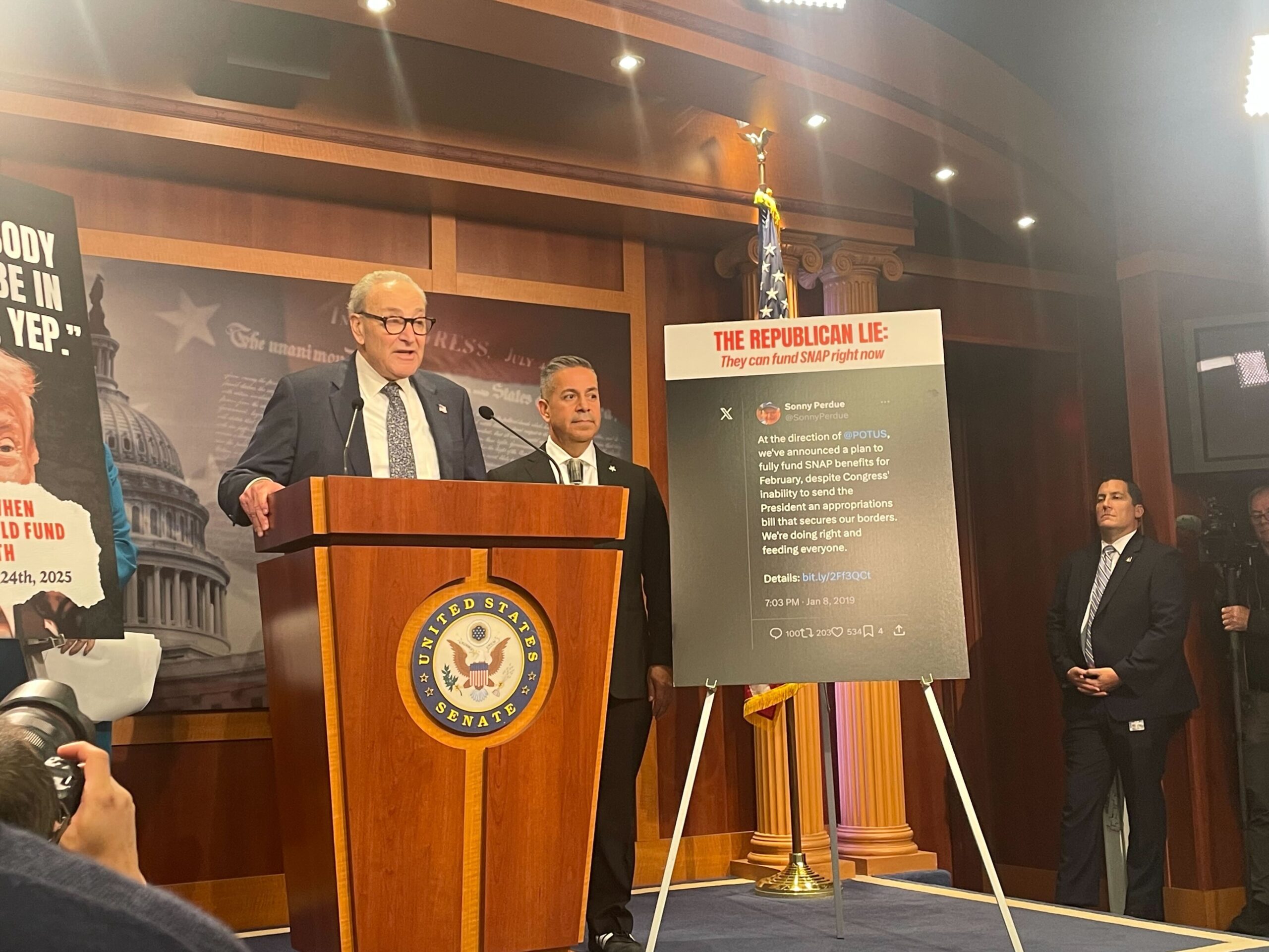 On day 29 of the government shutdown, Senate Minority Leader Chuck Schumer speaks during a press conference, urging the U.S. Department of Agriculture to use its contingency funds to approve food assistance for November.